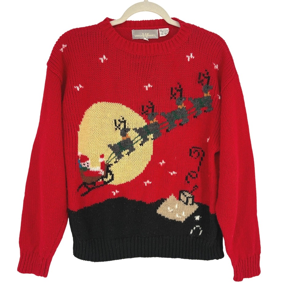 Stitch Works Womens Size M Vintage Christmas Sweater Red Santa Reindeer Kitsch